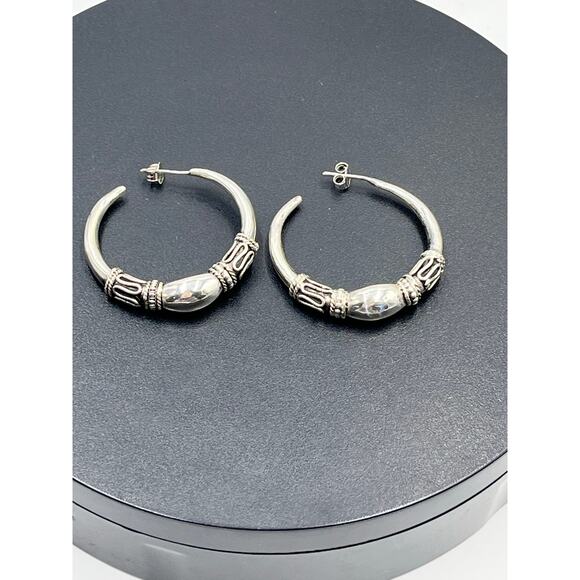 Sterling Silver 925 Balinese Oxidized Finish Post Clutch Back Hoop Earrings - Picture 2 of 8